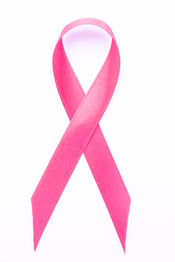 Pink awareness ribbon on white background